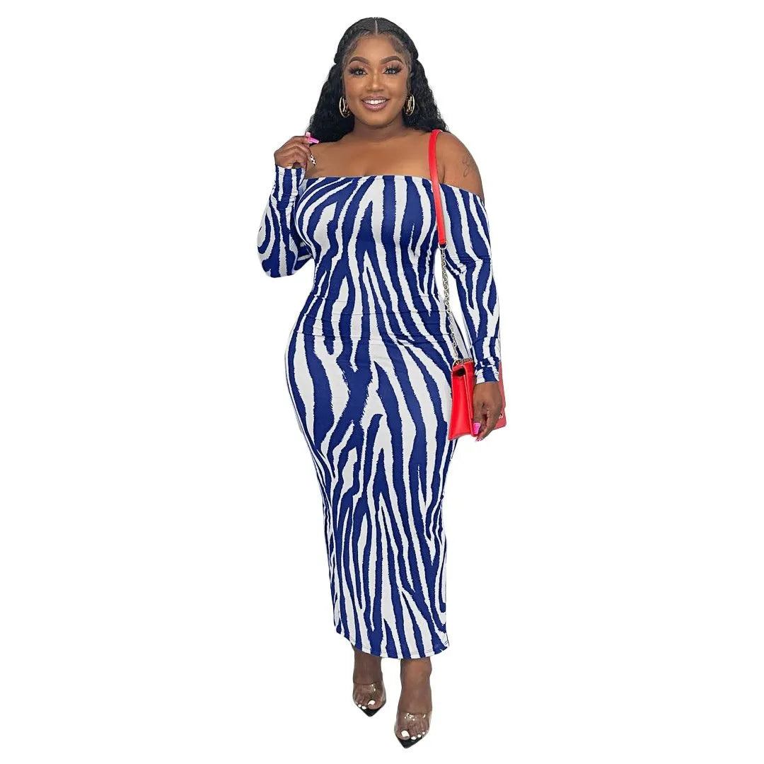 Women Fashion Sexy Off-Shoulder Zebra Print Long Sleeve Maxi Dress