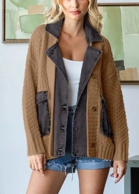 Denim Patchwork Knit Cardigan with Pockets