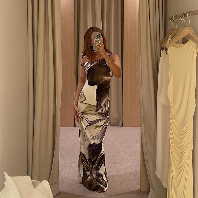 Elegant Off-Shoulder Slim Print Dress