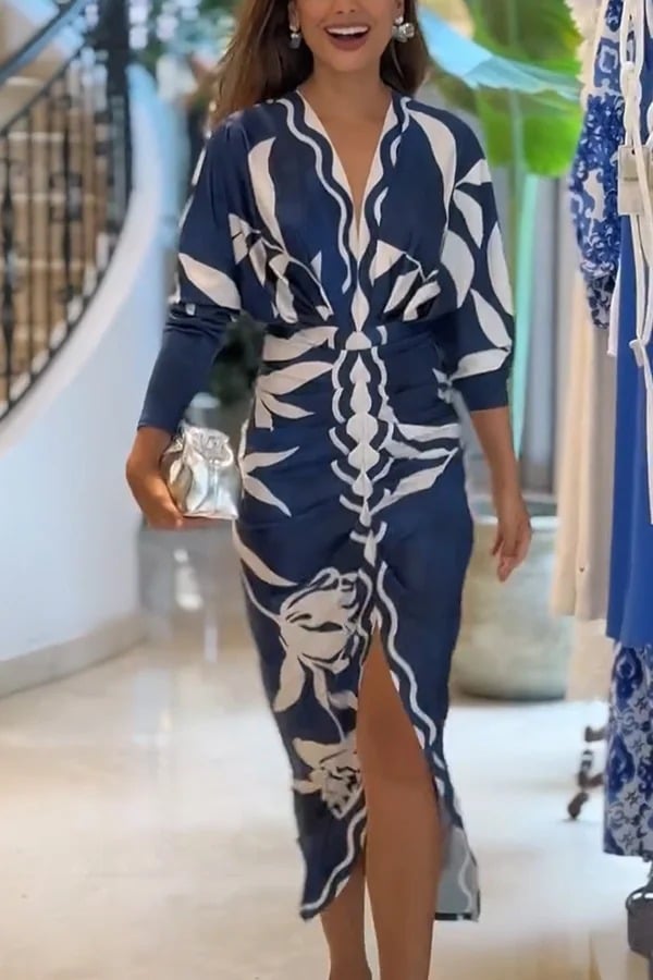 Unique Print Dolman Long Sleeve Ruched Slit Midi Dress Vestidos