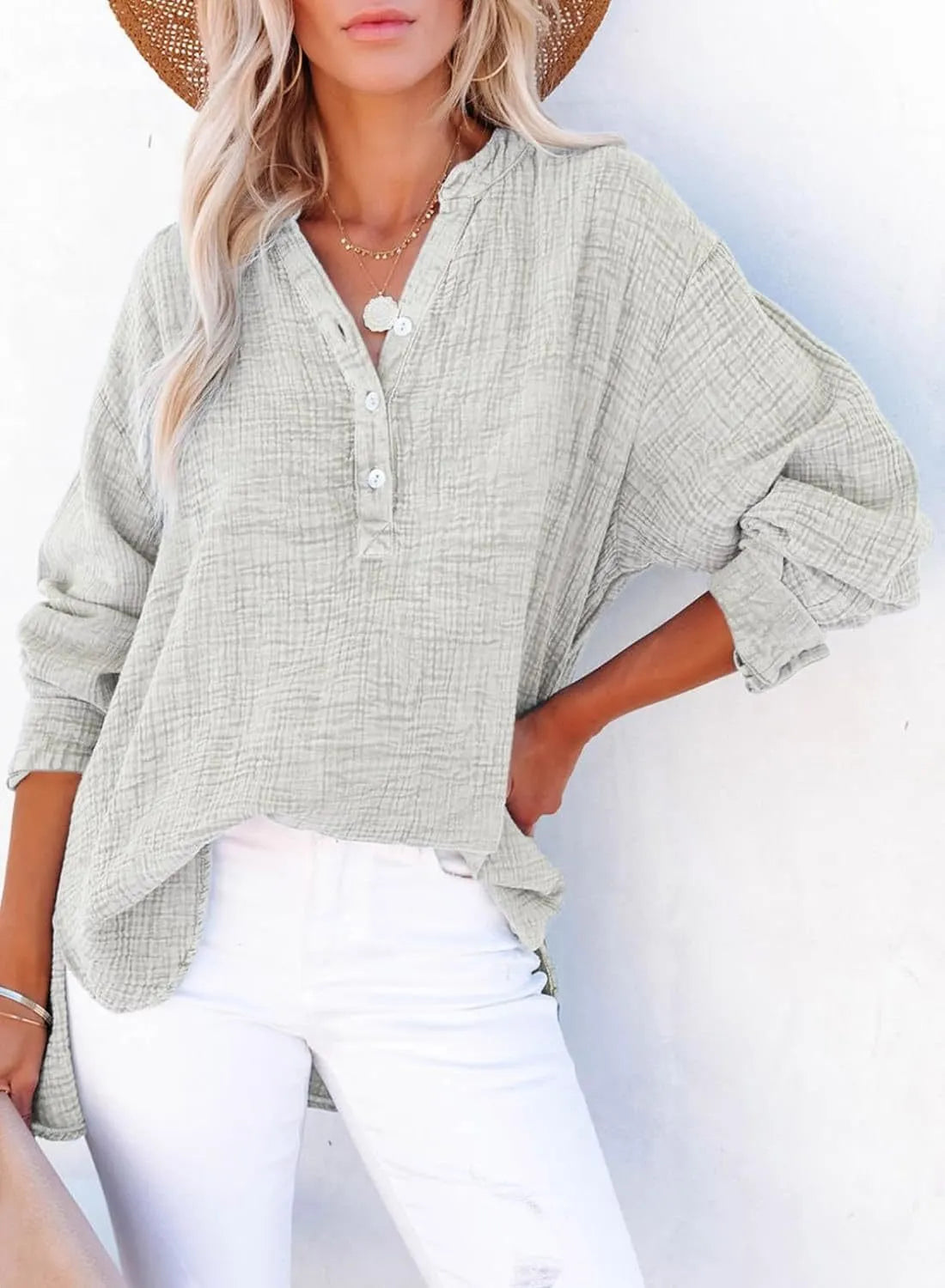 Women's Casual Gauze Button Down Neck Long Sleeve Oversized Top