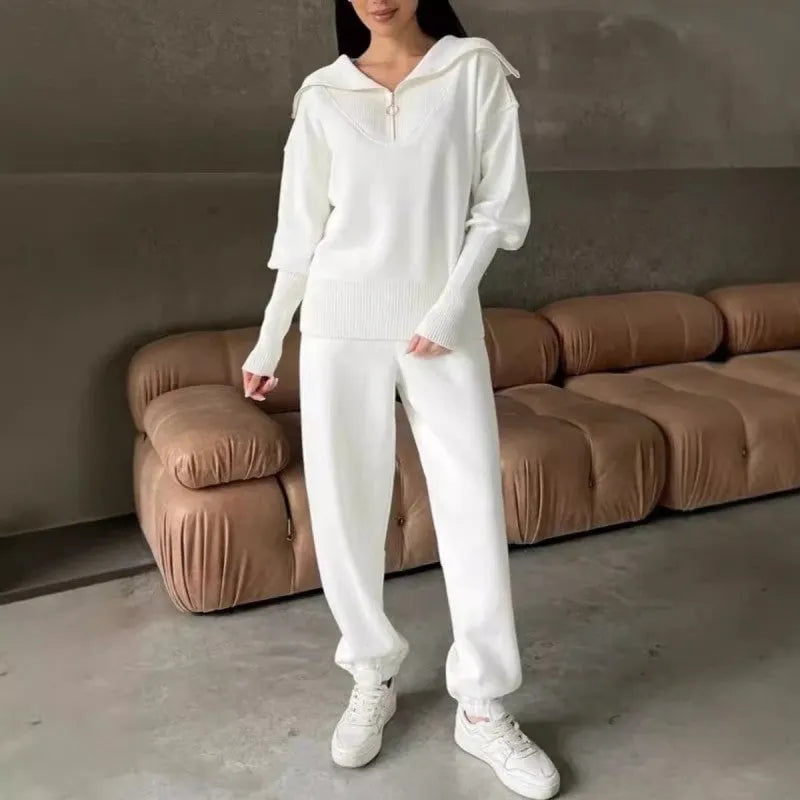 Women's Casual Sporty 2-Piece Set - Half-Zipper Lapel Top & Matching Jogger