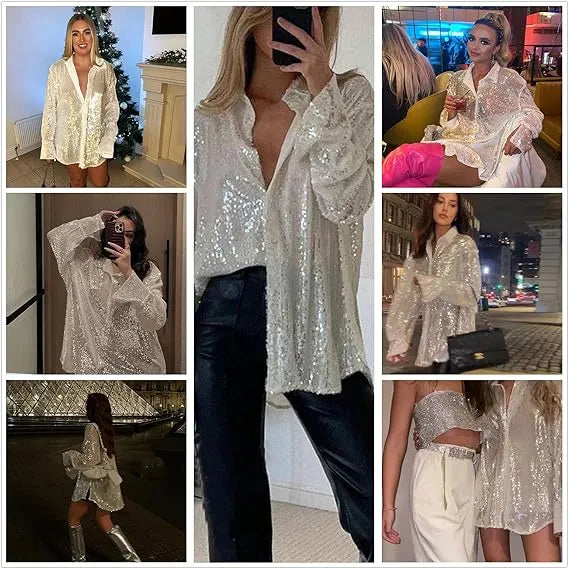 Sequins Long Sleeve Collared Shirt