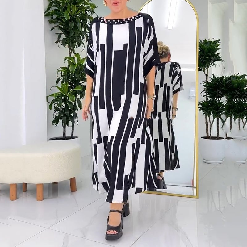 Fashion printed striped beaded round neck large size loose skirt
