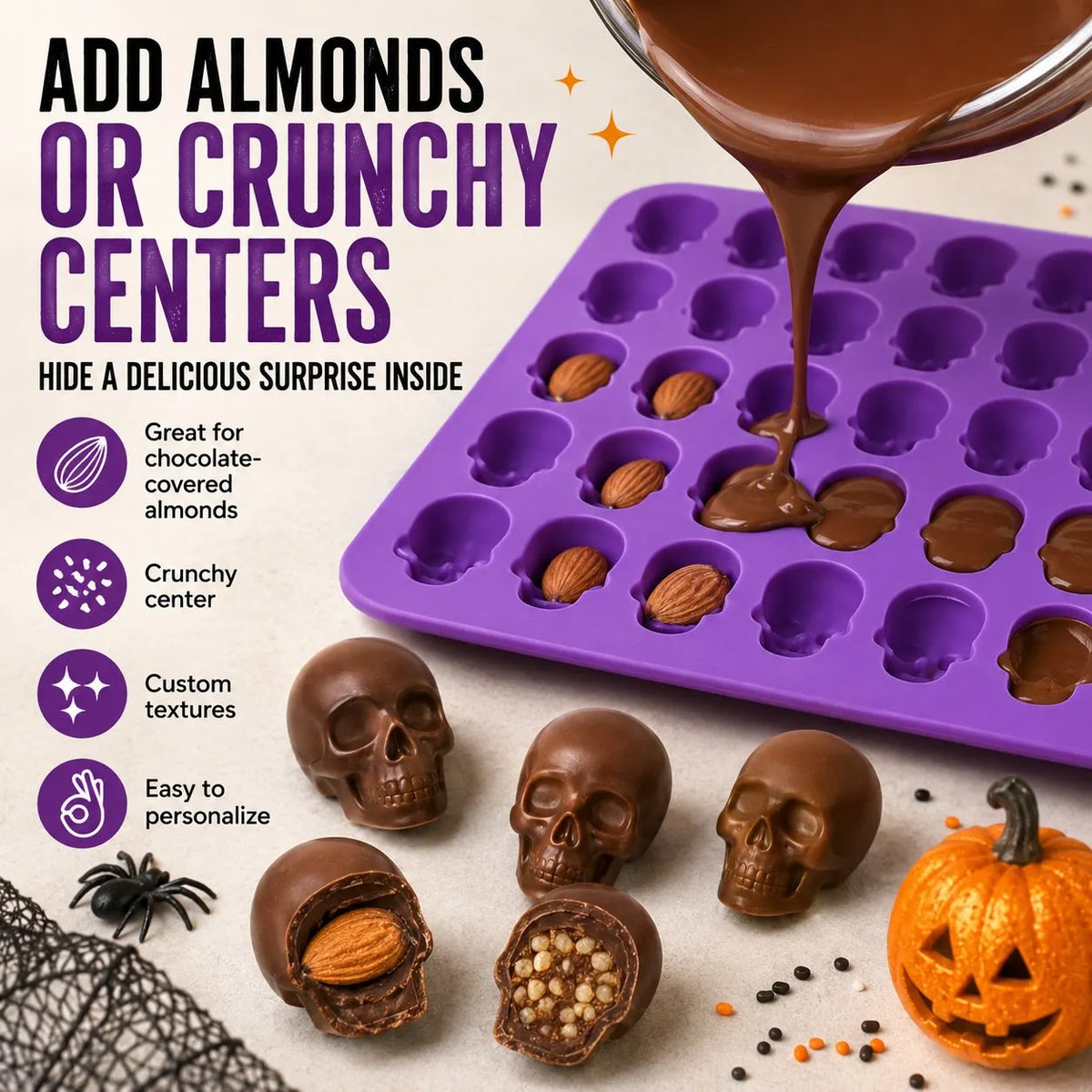 🎉⏳ 49% OFF – 💀 Reusable 50-Cavity Mini Skull Silicone Candy Mold | Flexible Easy-Release Design for Chocolate, Candy Melts, Filled Treats & Halloween Desserts 🎃✨