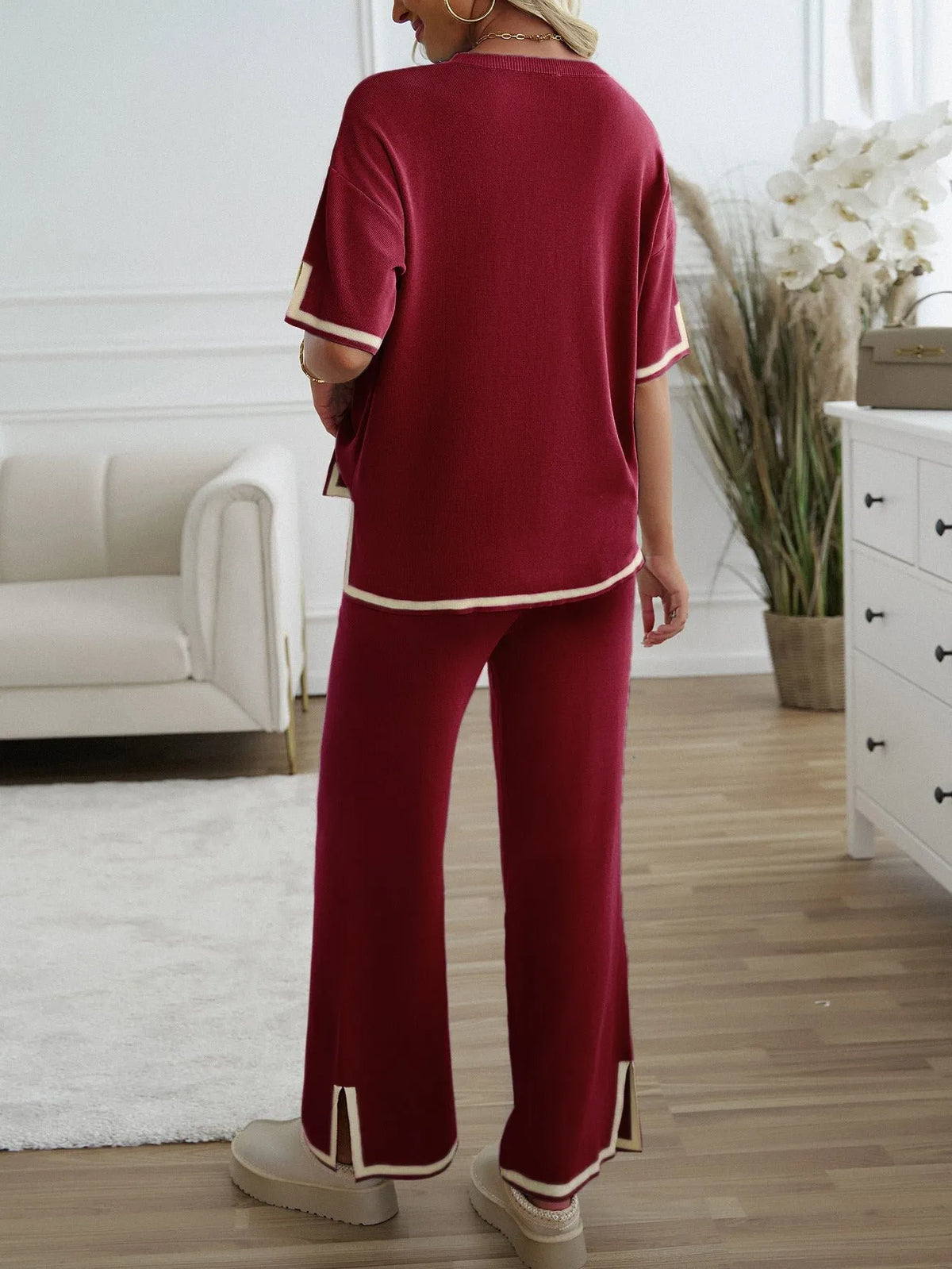 Chic Short Sleeve Knitted Pants Set