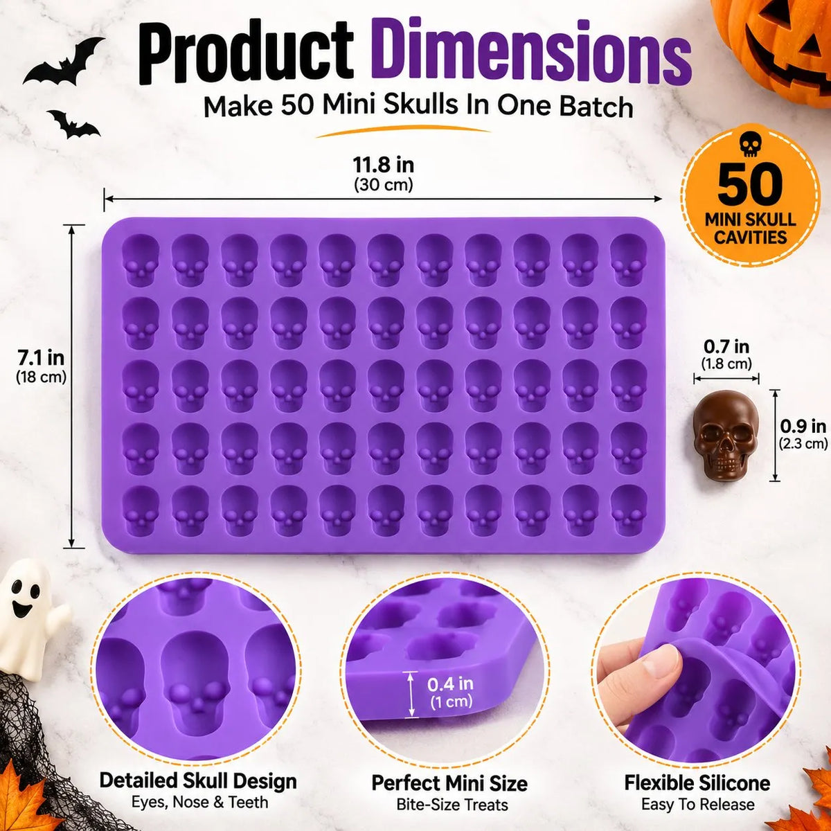 🎉⏳ 49% OFF – 💀 Reusable 50-Cavity Mini Skull Silicone Candy Mold | Flexible Easy-Release Design for Chocolate, Candy Melts, Filled Treats & Halloween Desserts 🎃✨