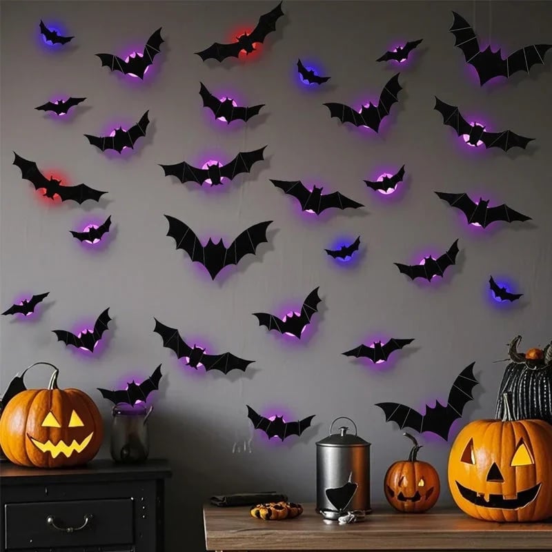 🎉🔥 2026 Hot Sale 3D LED Bat Wall Decorations – 12/24PCS Light-Up Halloween Decor for Walls, Windows & Parties