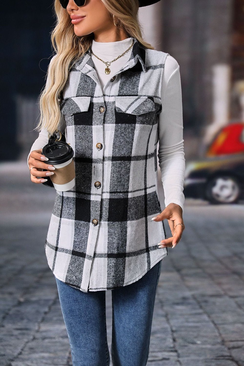 Women's Plaid Print Button Front Vest Coat