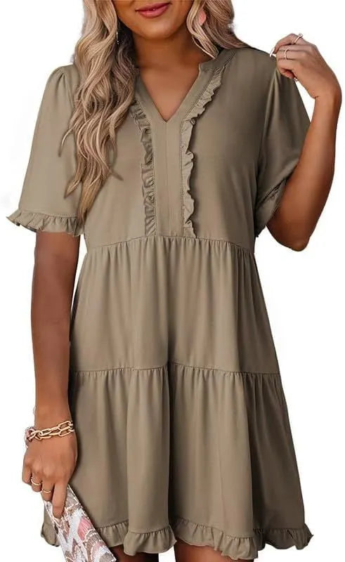 V Neck Short Sleeve Casual A Line Flowy Swing Shift Dress
