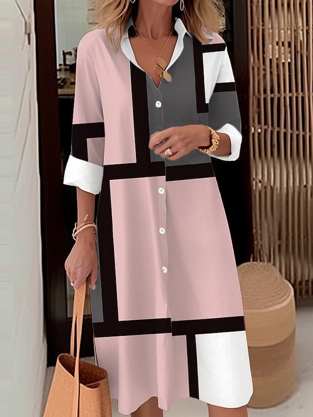 Women's Casual Loose Fit Geometric Plaid Shirt Dress