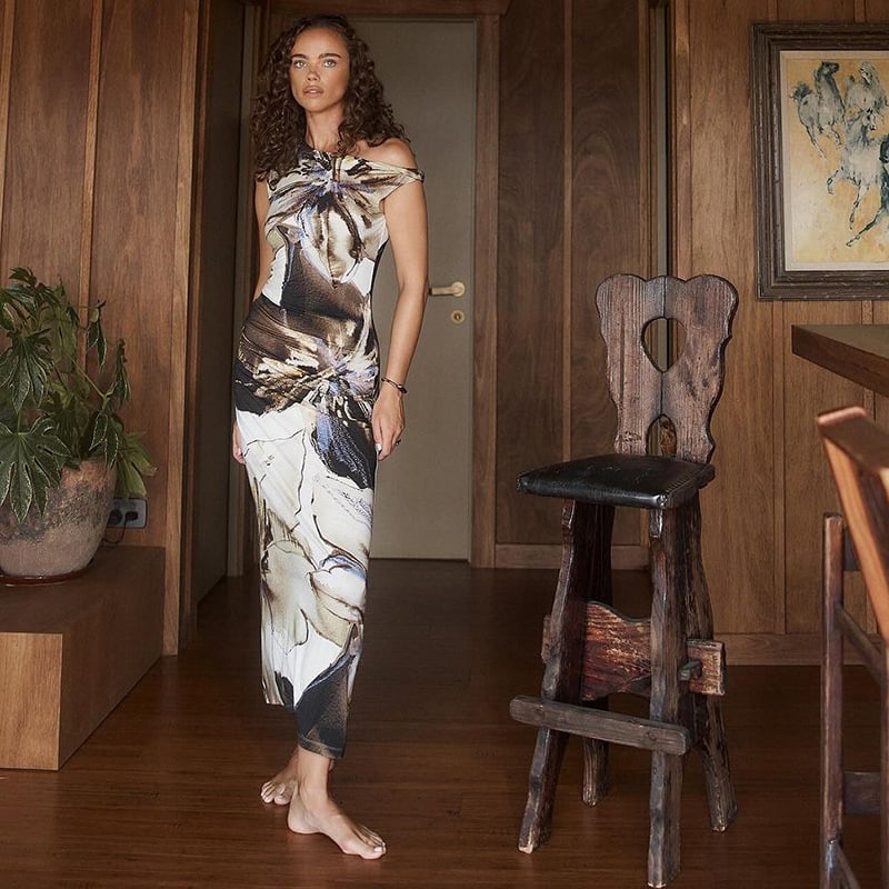Elegant Off-Shoulder Slim Print Dress