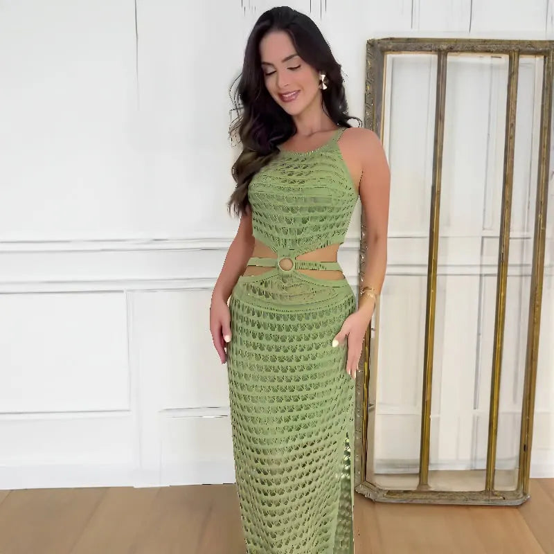 Stunning Gaze Knit Texture Ring Side Waist Cutout Stretch Maxi Dress (Buy 2 Free Shipping)