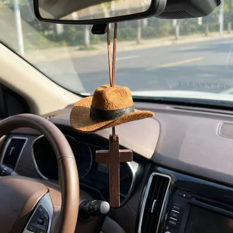 🔥HOT SALE🔥🤠 Cowboy Hat & Cross Car Charm | A Ride with Style & Faith 🚗✨