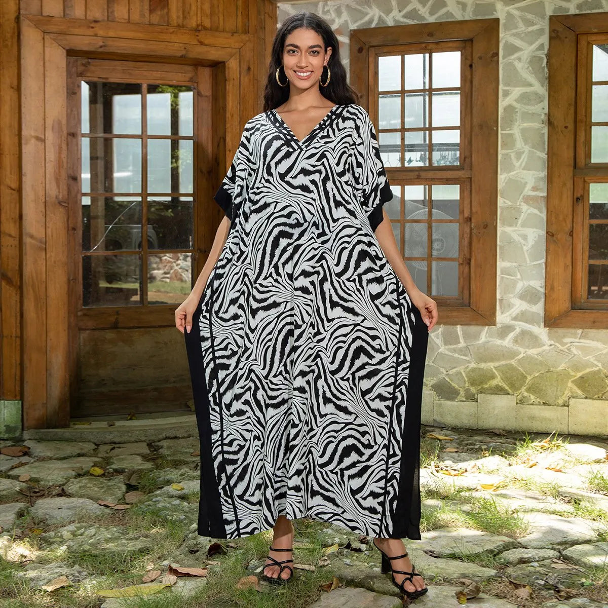 Women's Contrast Trim Leopard Print Batwing Sleeve Dress