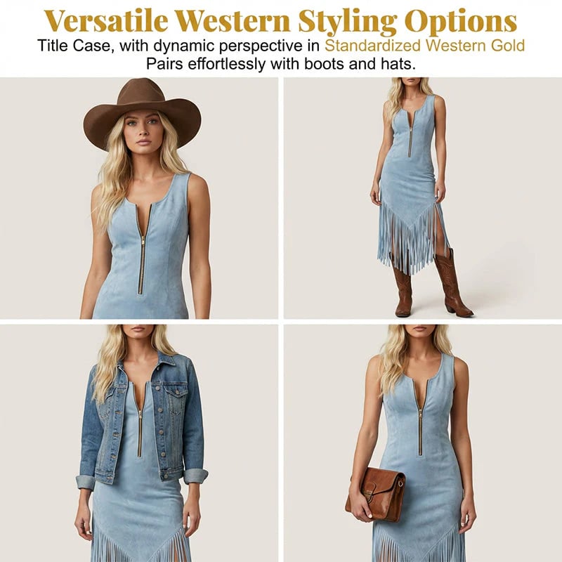 🔥HOT SALE🔥🤠 LIMITED-TIME 50% OFF! ✨ Retro Western Tassel Sleeveless Slim Dress – Fringe Hem, Front Zipper, Cowgirl Style 🌵