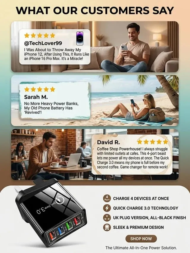 🎉Four-Port Travel Charger for Extended Phone Battery Life