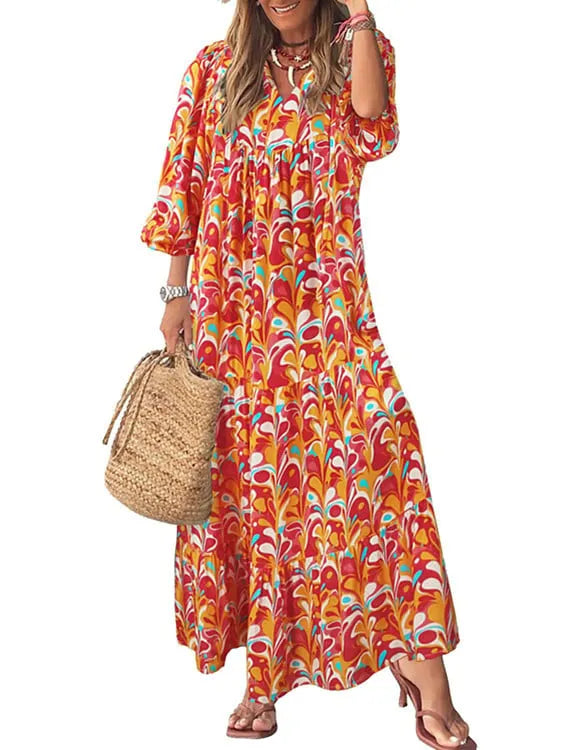 WOMEN'S PUFF SLEEVE FLORAL BOHO MAXI DRESS (BUY 2 FREE SHIPPING)