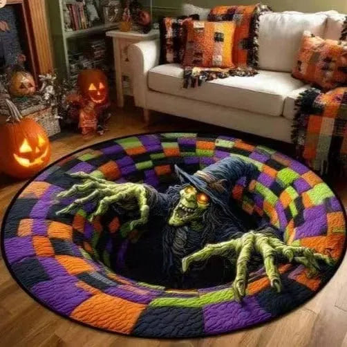 🎉 🎃3D Skeleton Vortex Quilted Round Halloween Rug