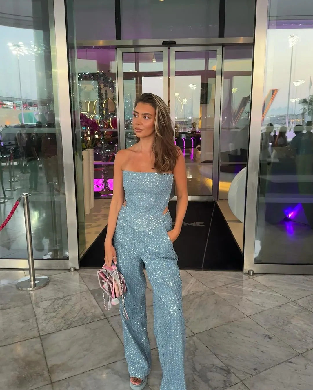 Sexy Sequin Strapless Top and Wide-Leg Pants Set