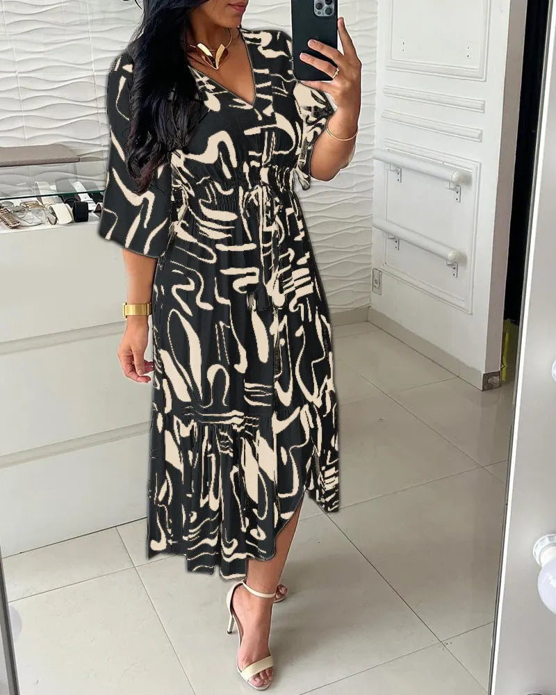 V-neck waist ink print dress