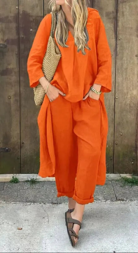 Solid High Low Hem Top & Pants Two-Piece Set