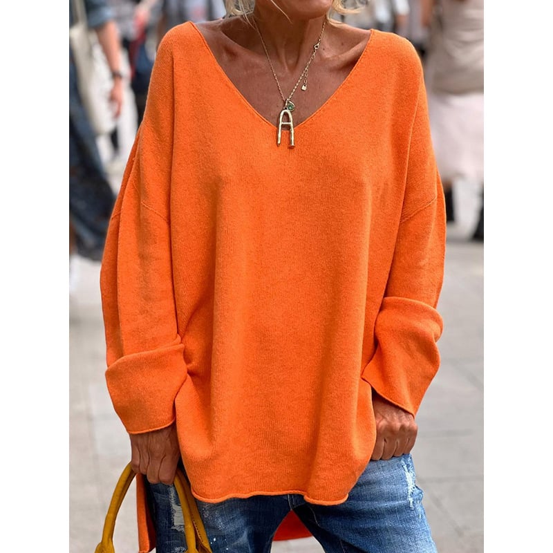 Women's V-Neck Casual Dipped Hem Oversized Sweater