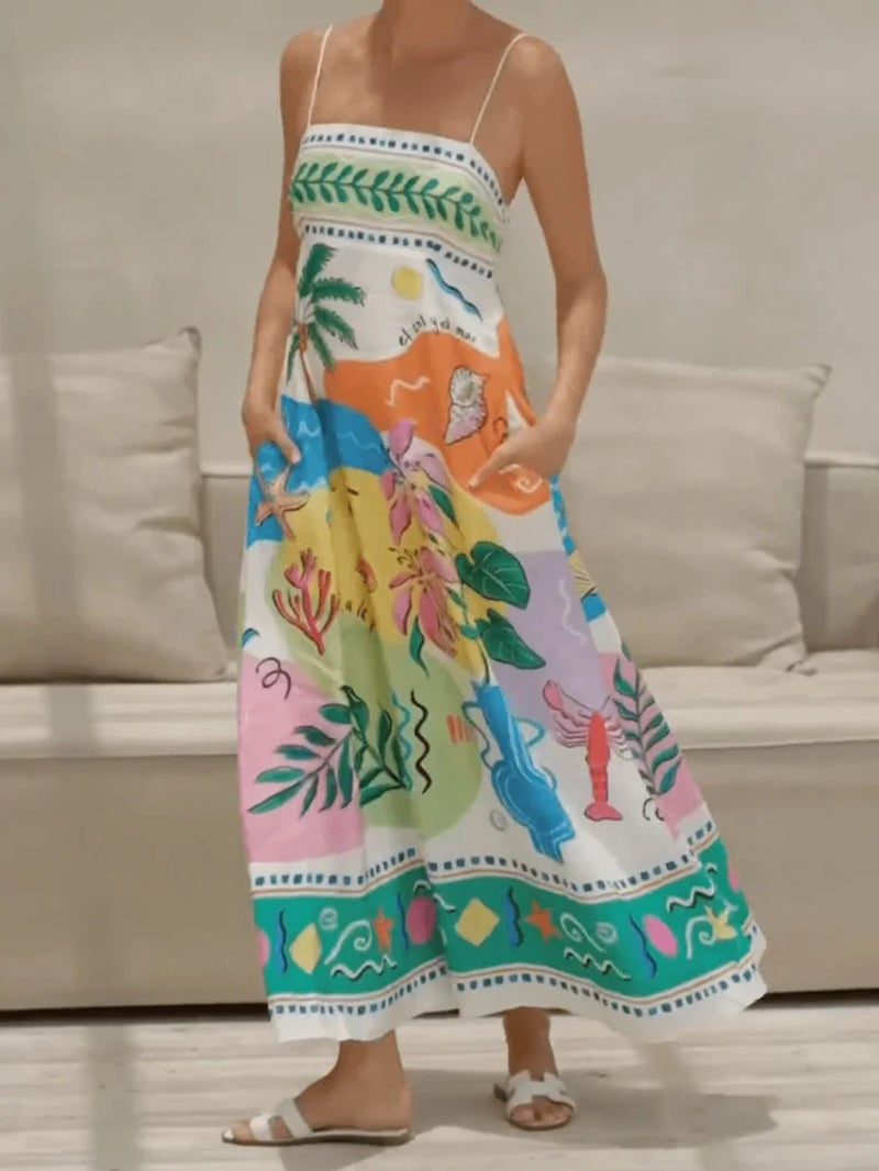 Women Long Printed Spaghetti Strap Dress