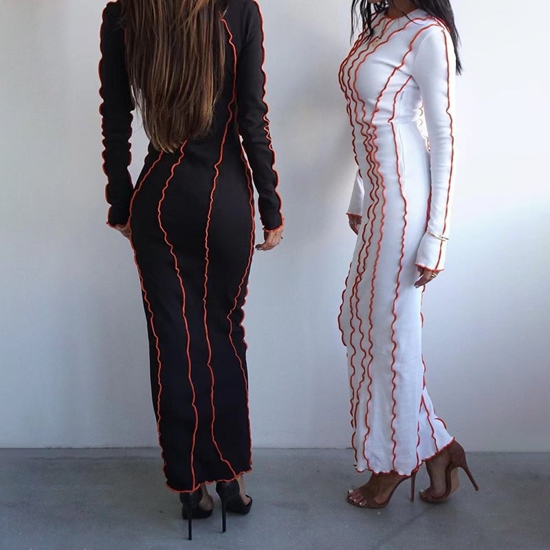 Autumn and Winter Sunken Stripe round Edge Dress Women's Clothing