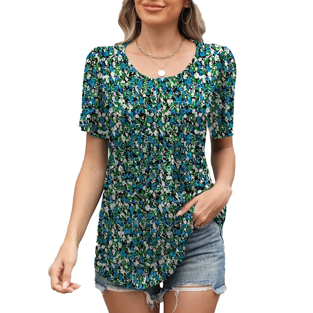 Summer Loose Pleated Round Neck Short Sleeve T-Shirt