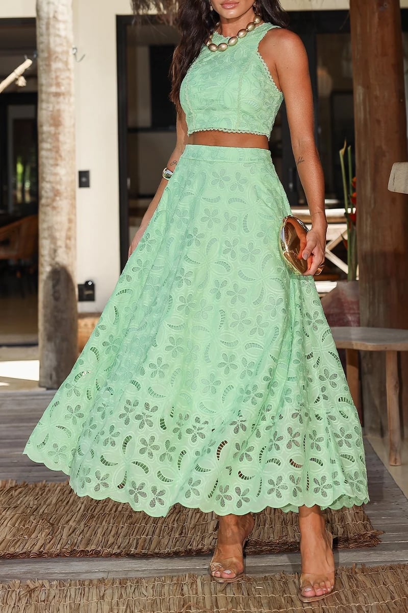Women's Round Neck Sleeveless Top + Half Skirt Hollow Navel-exposing Suit