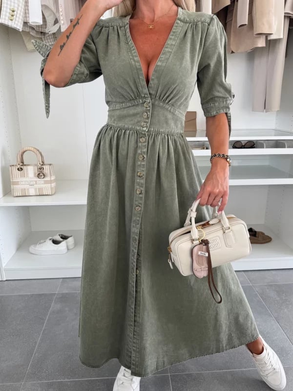 V-Neck Short Sleeve Loose Denim Long Button-Up Dress