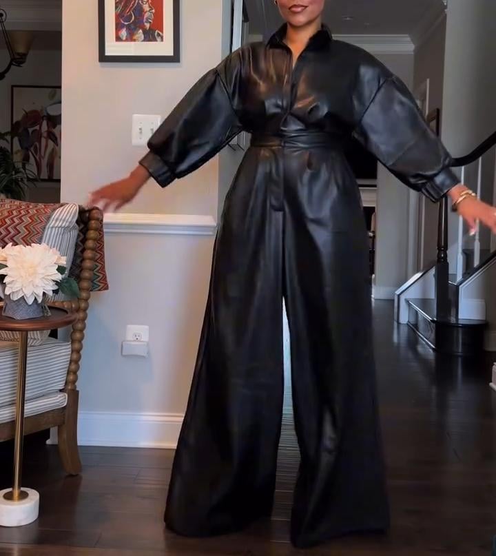 Black Leather Buttoned Pocket Jumpsuit (FREE SHIPPING)