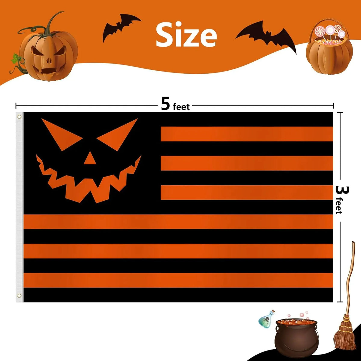 🎃Halloween Pumpkin Flag 3x5ft – Black Orange Striped Banner