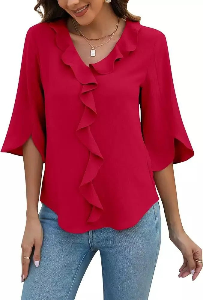 Women's V-Neck 3/4 Ruffle Sleeve Tops