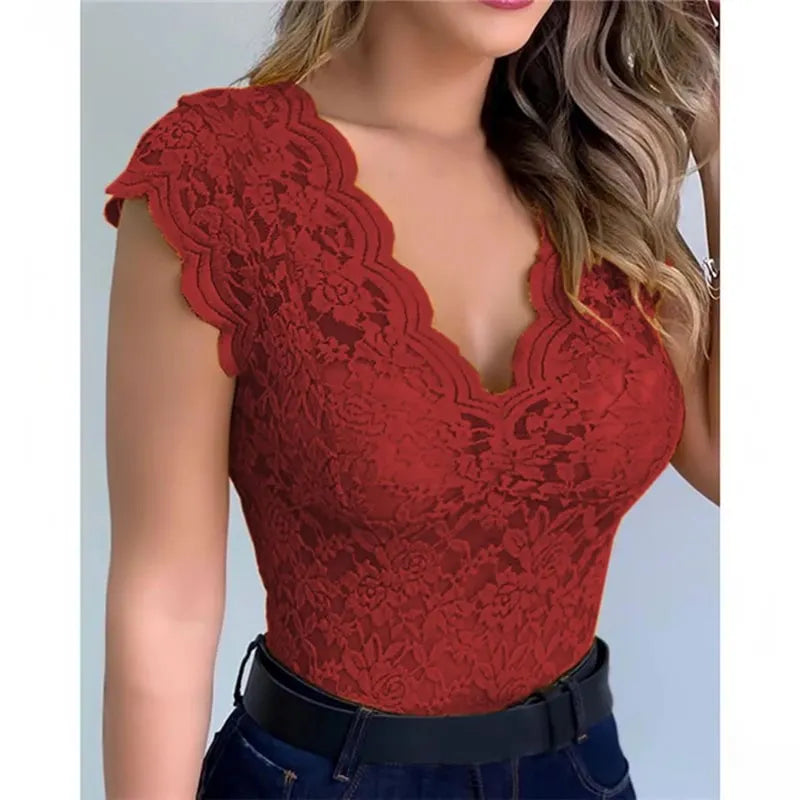 Women Slim Tunic Lace V Neck T-shirt