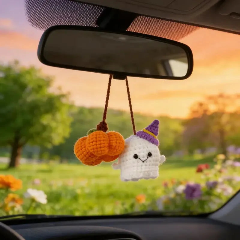 👻Crochet Ghost & Pumpkin Rear View Mirror Charm🎃Handmade Amigurumi Car Decor