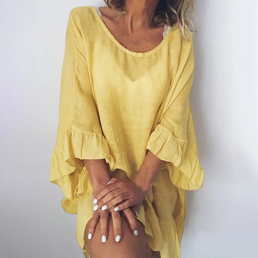 Cotton Linen Solid Color Ruffle Sleeve Loose Blouse