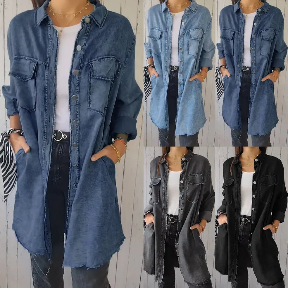 Fashionable and Versatile Long-sleeved Lapel Denim Jacket