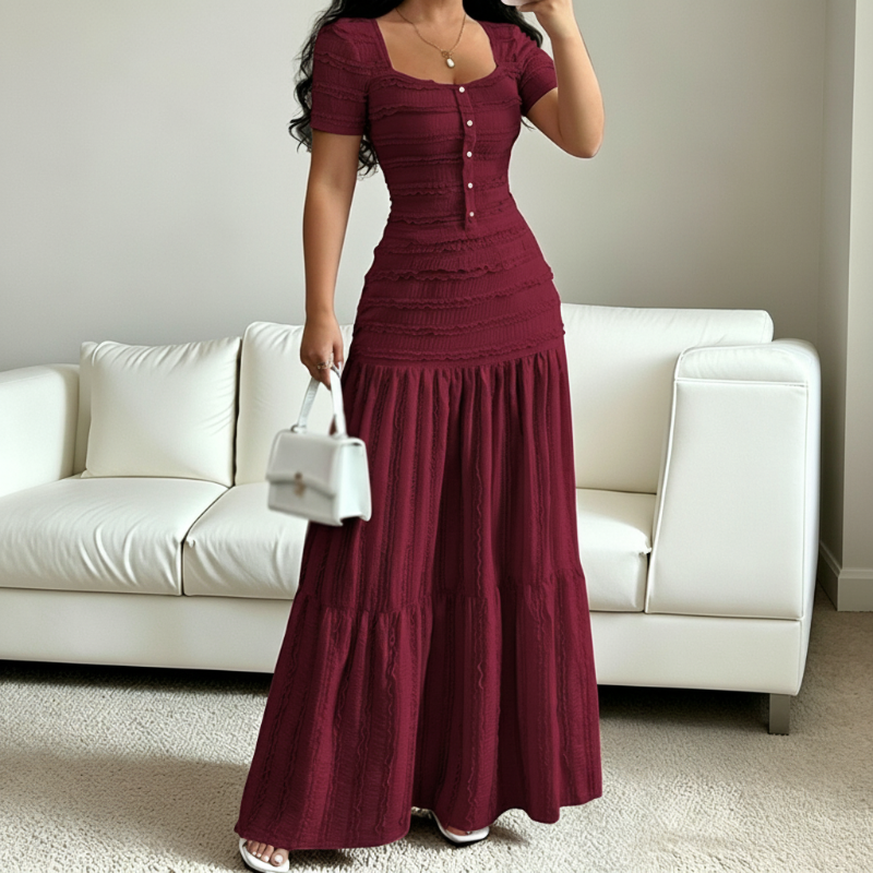 👗 LIMITED-TIME 49% OFF! ✨ Women's Square Neck Dress Set – Crinkled Fabric, Tiered Skirt, Elegant 🍷