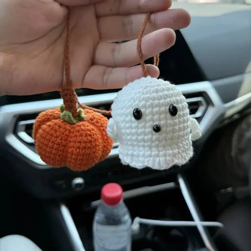 👻Crochet Ghost & Pumpkin Rear View Mirror Charm🎃Handmade Amigurumi Car Decor