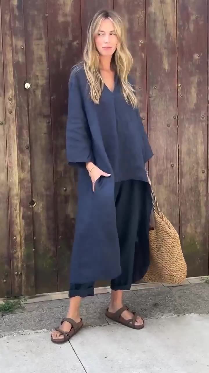Solid High Low Hem Top & Pants Two-Piece Set