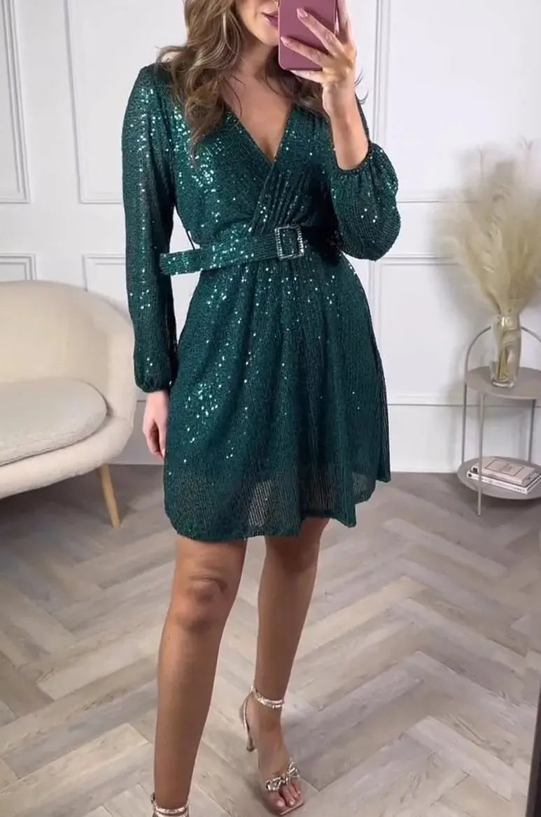 Women's V-neck Shiny Christmas Short Dress