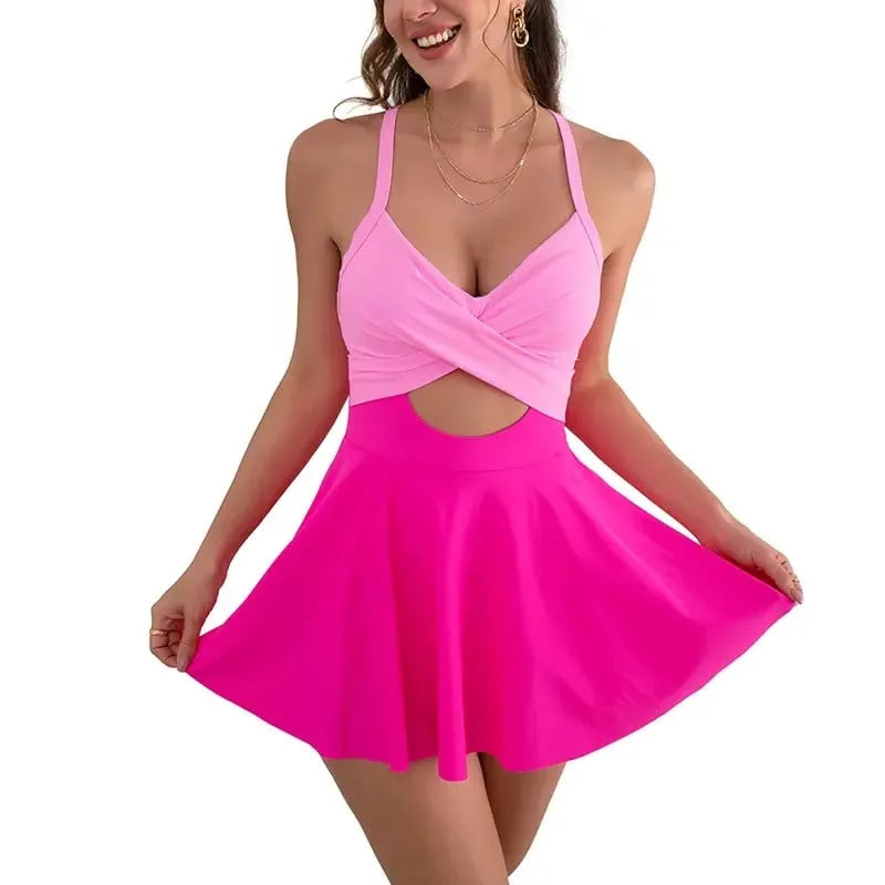 ⚡Hot Sales 57% OFF🔥👙Women’s V Neck One Piece Swimdress – Tummy Control Cutout High Waist Bathing Suit