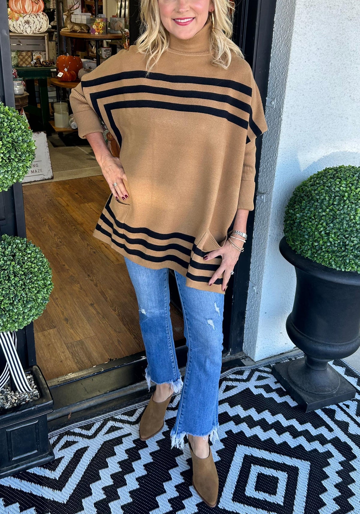 WOMEN'S HIGH NECK BAT SLEEVE STRIPED SWEATER (BUY 2 FREE SHIPPING)