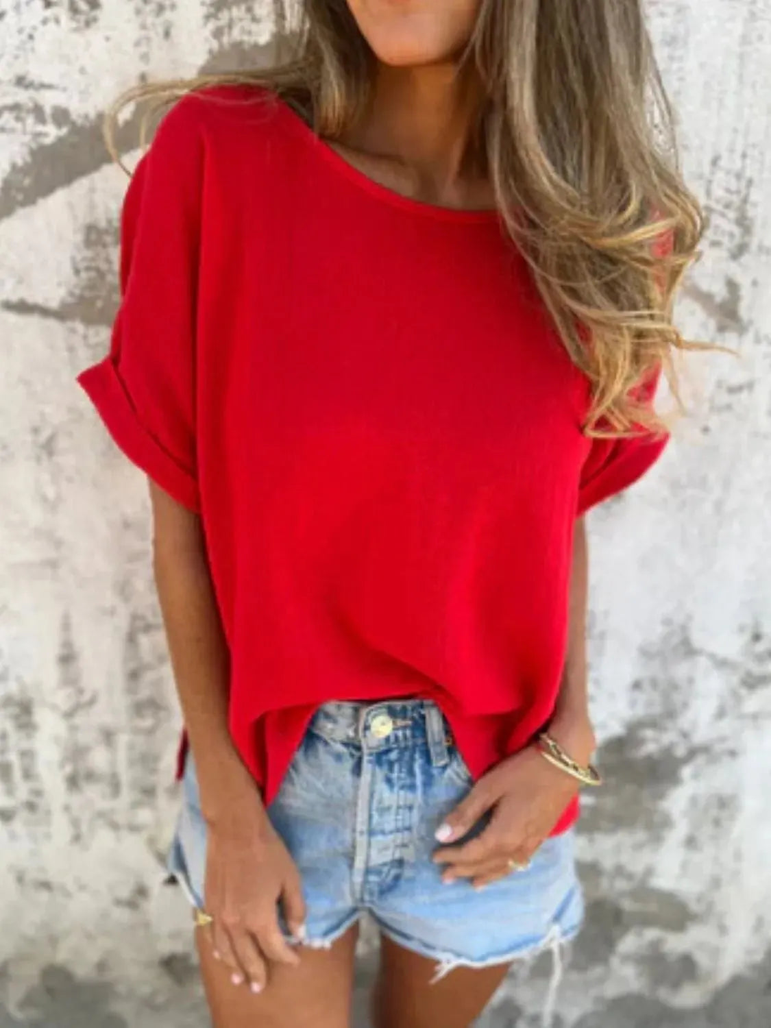 Full Size Round Neck Short Sleeve T-Shirt Plus Size(Buy 2 free shipping)