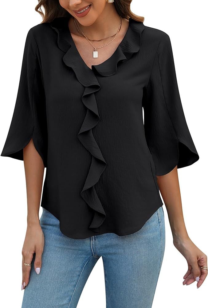 Women's V-Neck 3/4 Ruffle Sleeve Tops