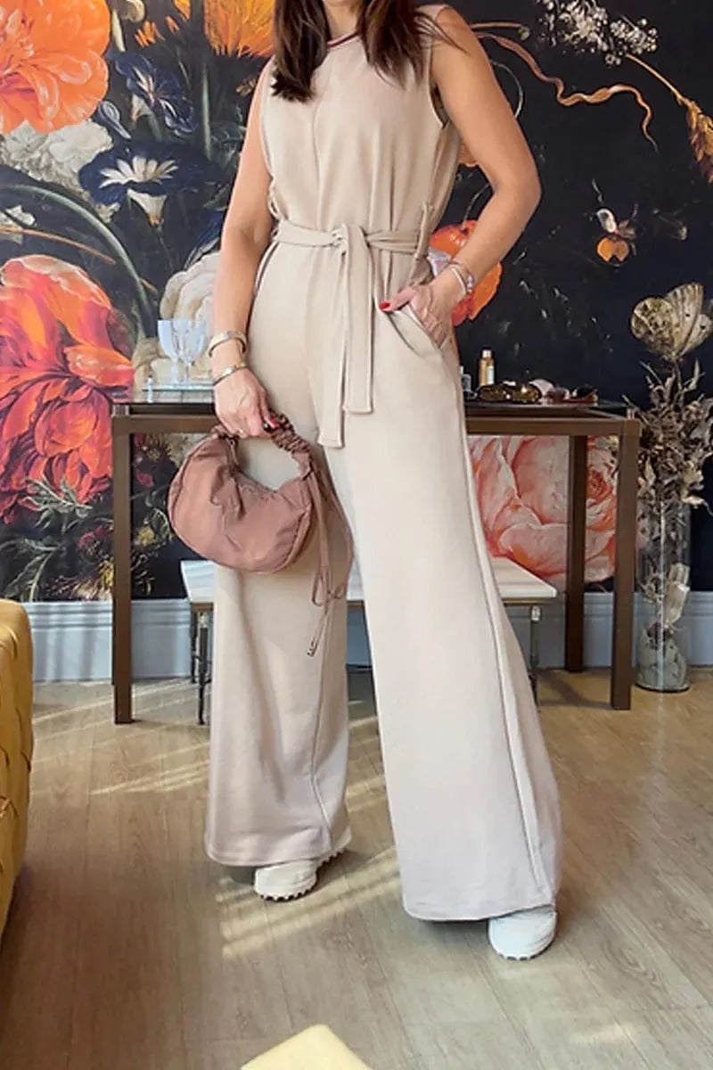 Summer Loose-Fit Sleeveless Jumpsuit with Waist Tie