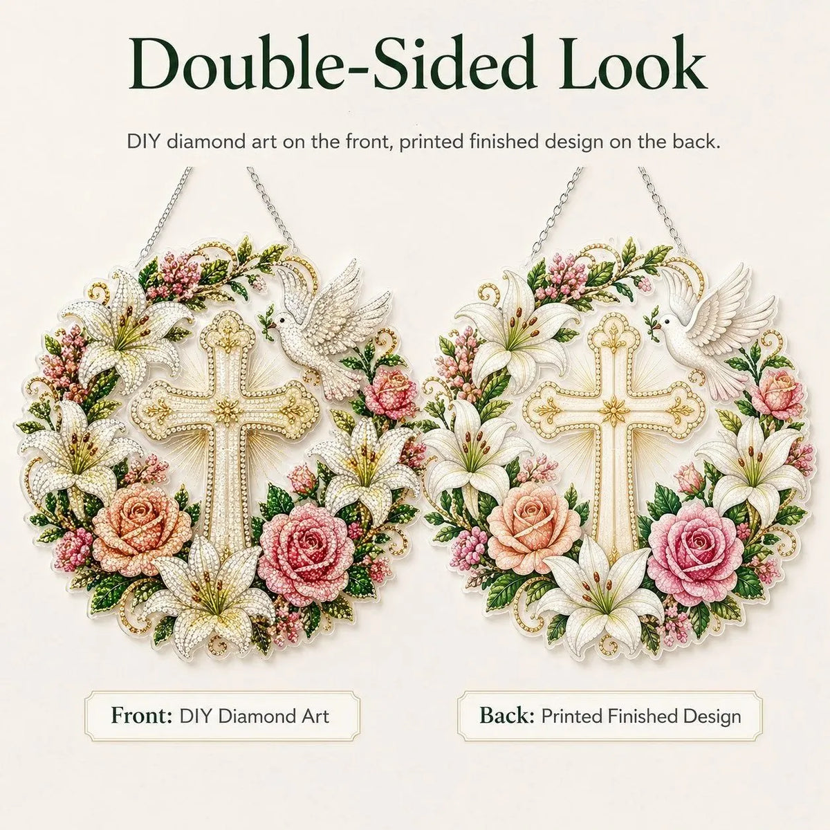 🔥HOT SALE🔥✝️💐Cross, Flowers & Peace Dove Diamond Art Hanging Ornament Kit