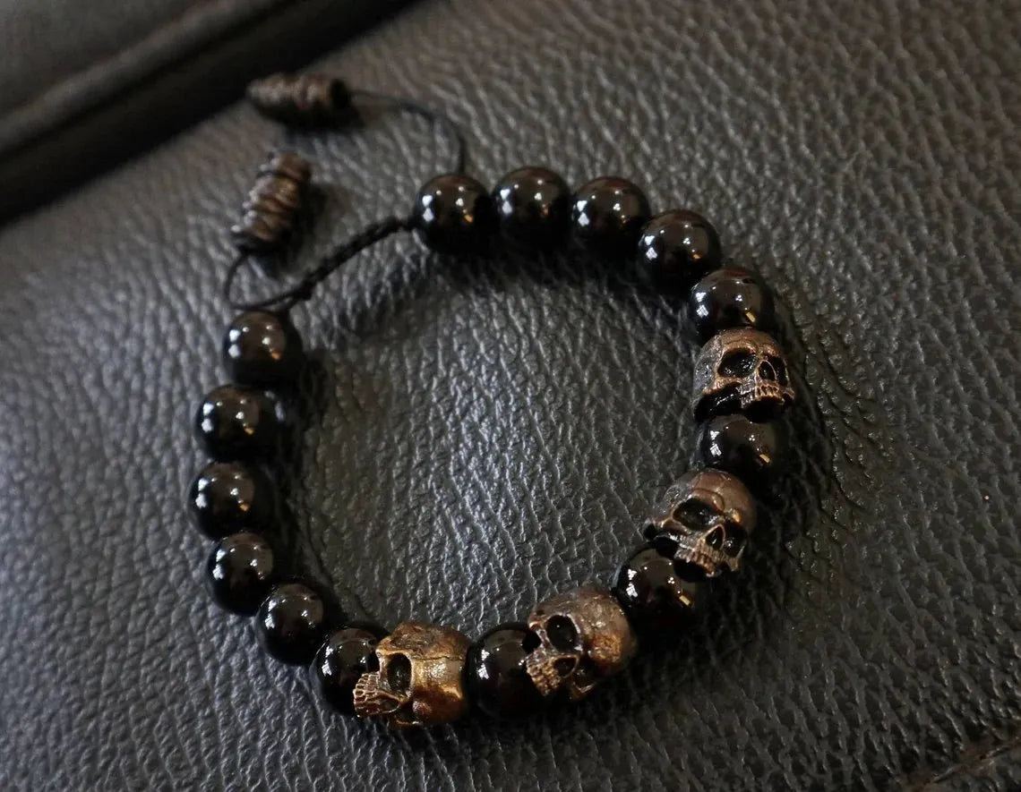 🔥 The Sterling silver Skull Army Onyx Bead  Bracelet